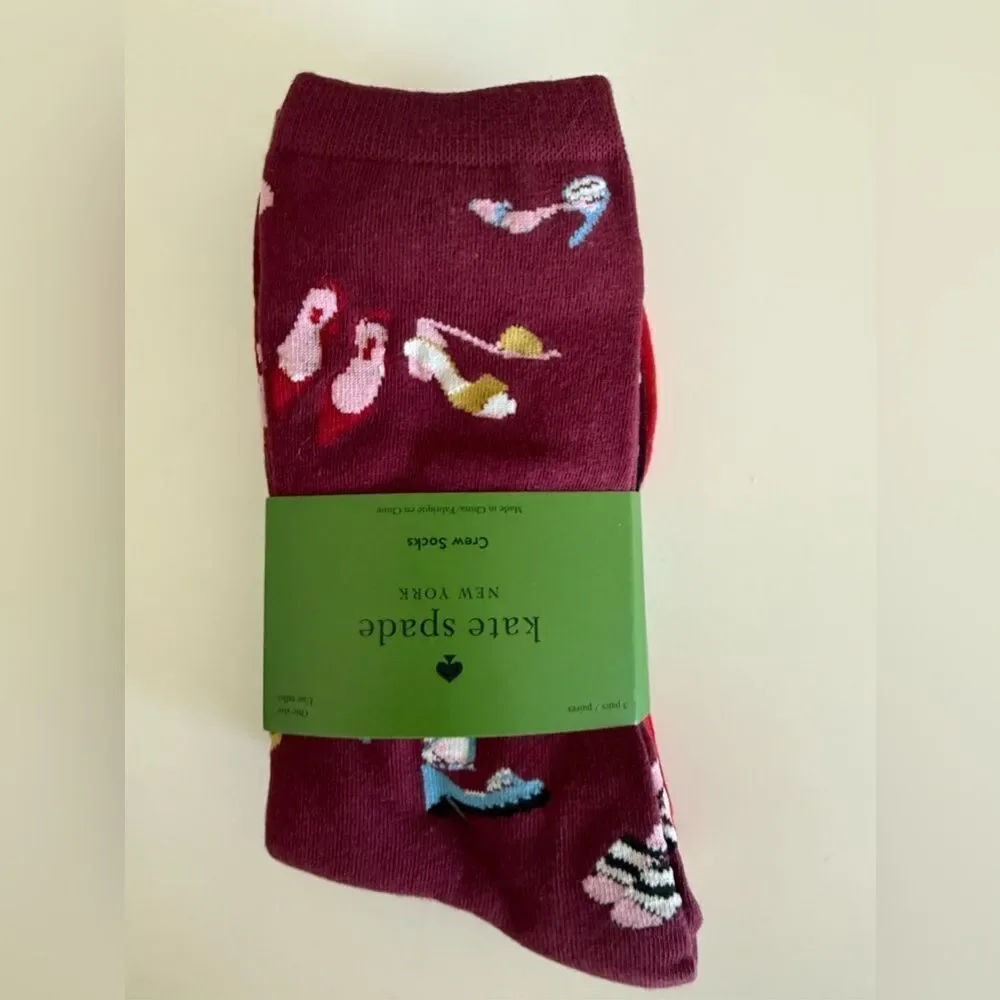 Kate Spade 3 Pack Crew Socks, High Heel Print, Black Polka Dot & Red NWT